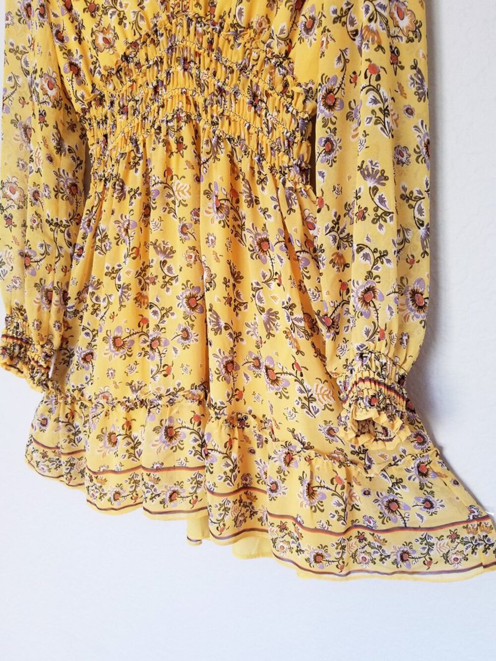 Max Studio Yellow Floral Smocked Waist V-Neck Mini Dress Long Sleeve Size L - Picture 10 of 14